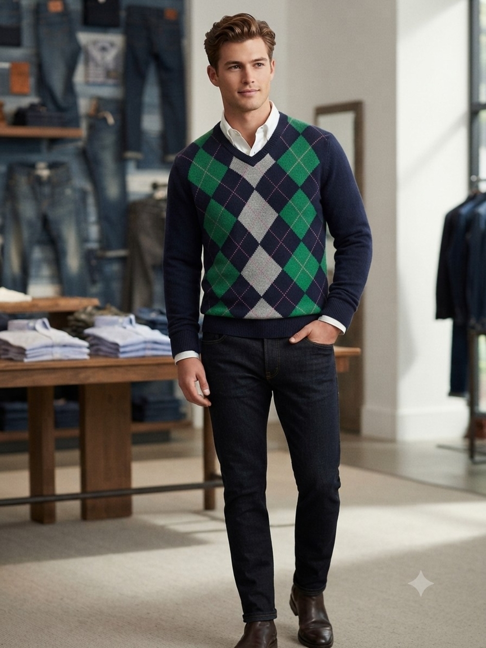 American Eagle Outfitters Navy V-Neck Argyle Sweater with Green & White Size L